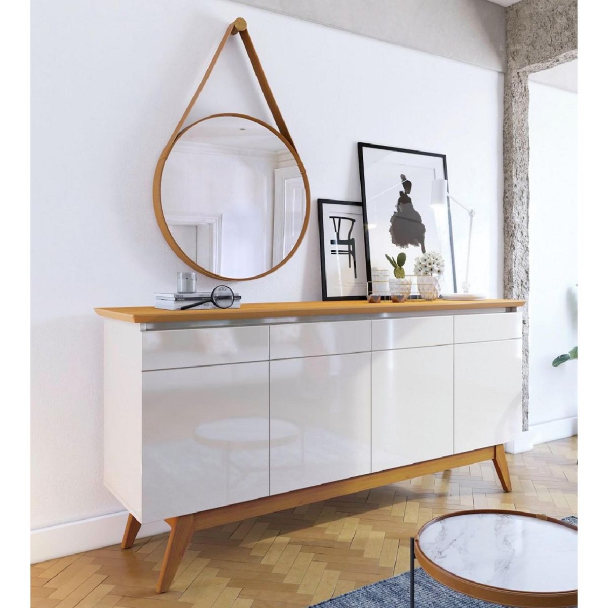 BE DESIGN - Buffet 4 Puertas Classic Blanco/Caramelo 165.2x41.3x79 cm