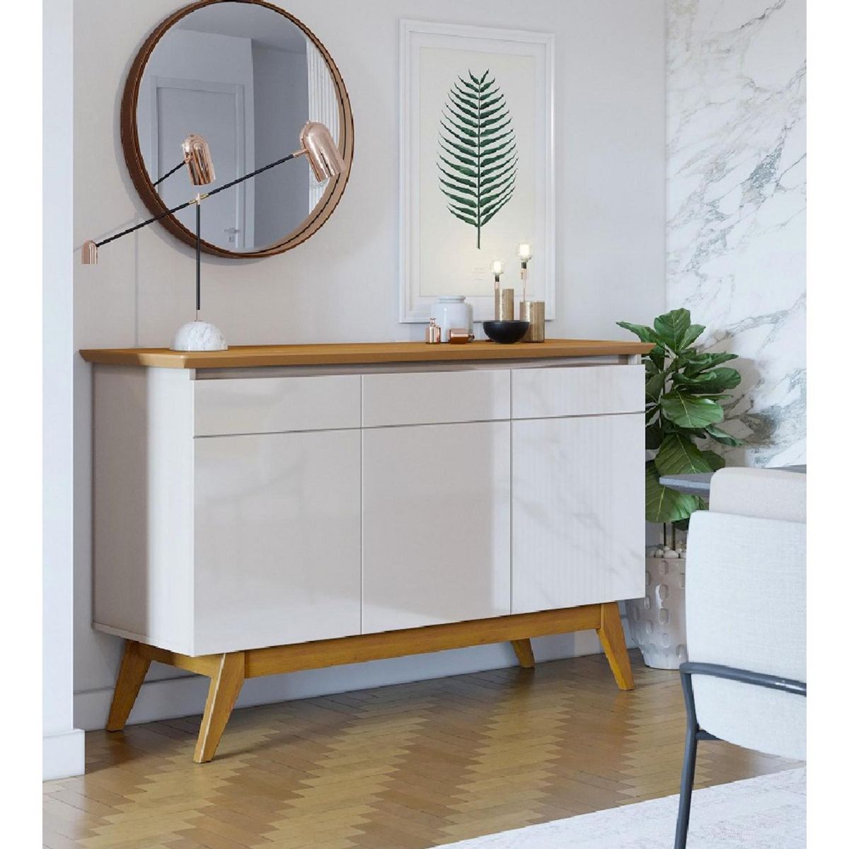 BE DESIGN - Buffet 3 Puertas Classic Blanco/Caramelo 125.2x41.3x70 cm