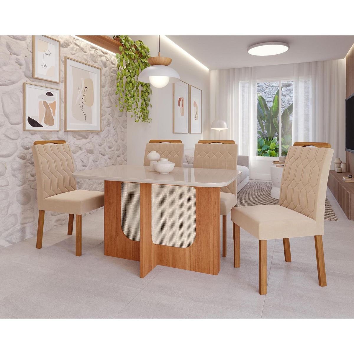DECOCASA - Juego de Comedor Louis 4 Sillas Mesa Rectangular 80x76x130 cm Off White / Natural