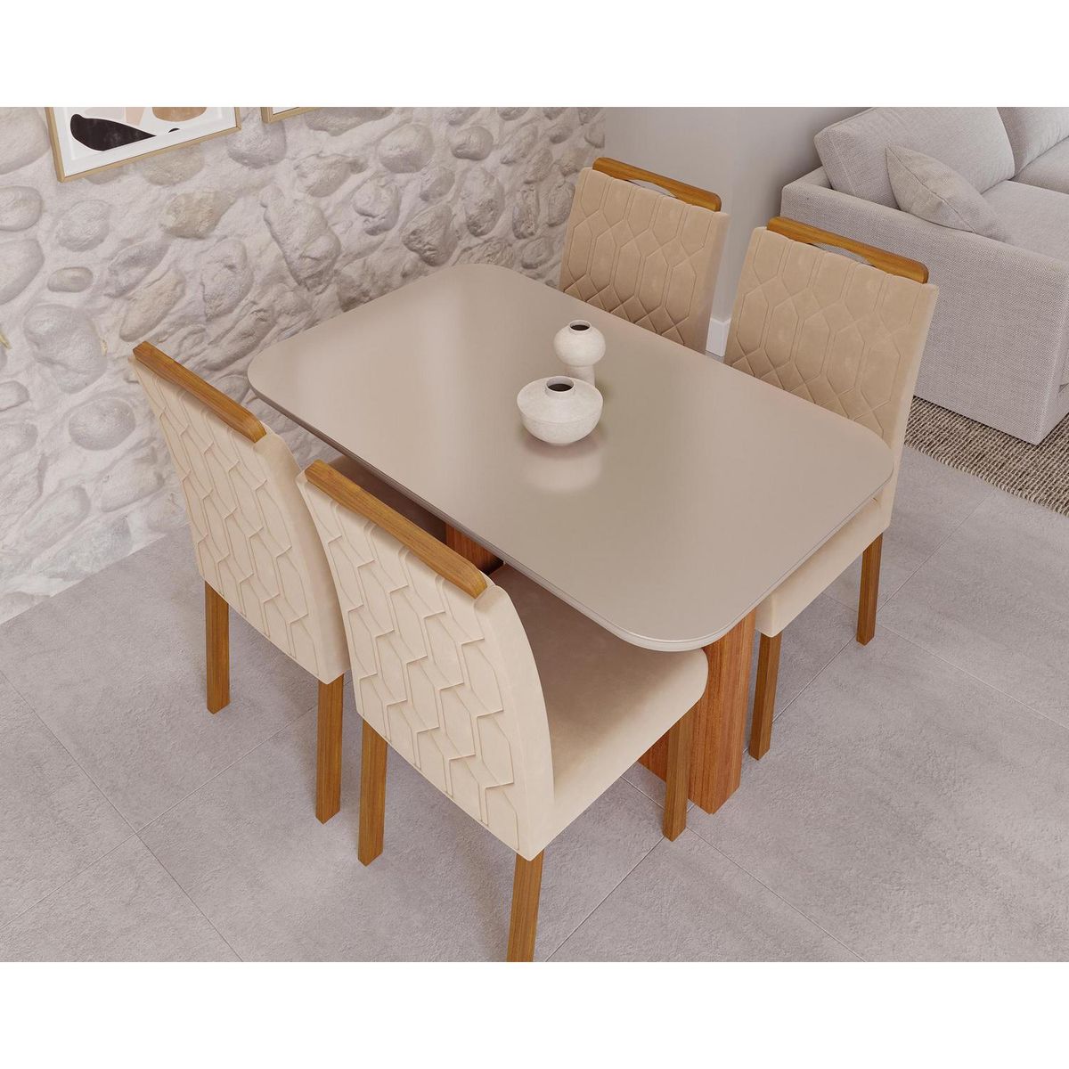DECOCASA - Juego de Comedor Louis 4 Sillas Mesa Rectangular 80x76x130 cm Off White / Natural
