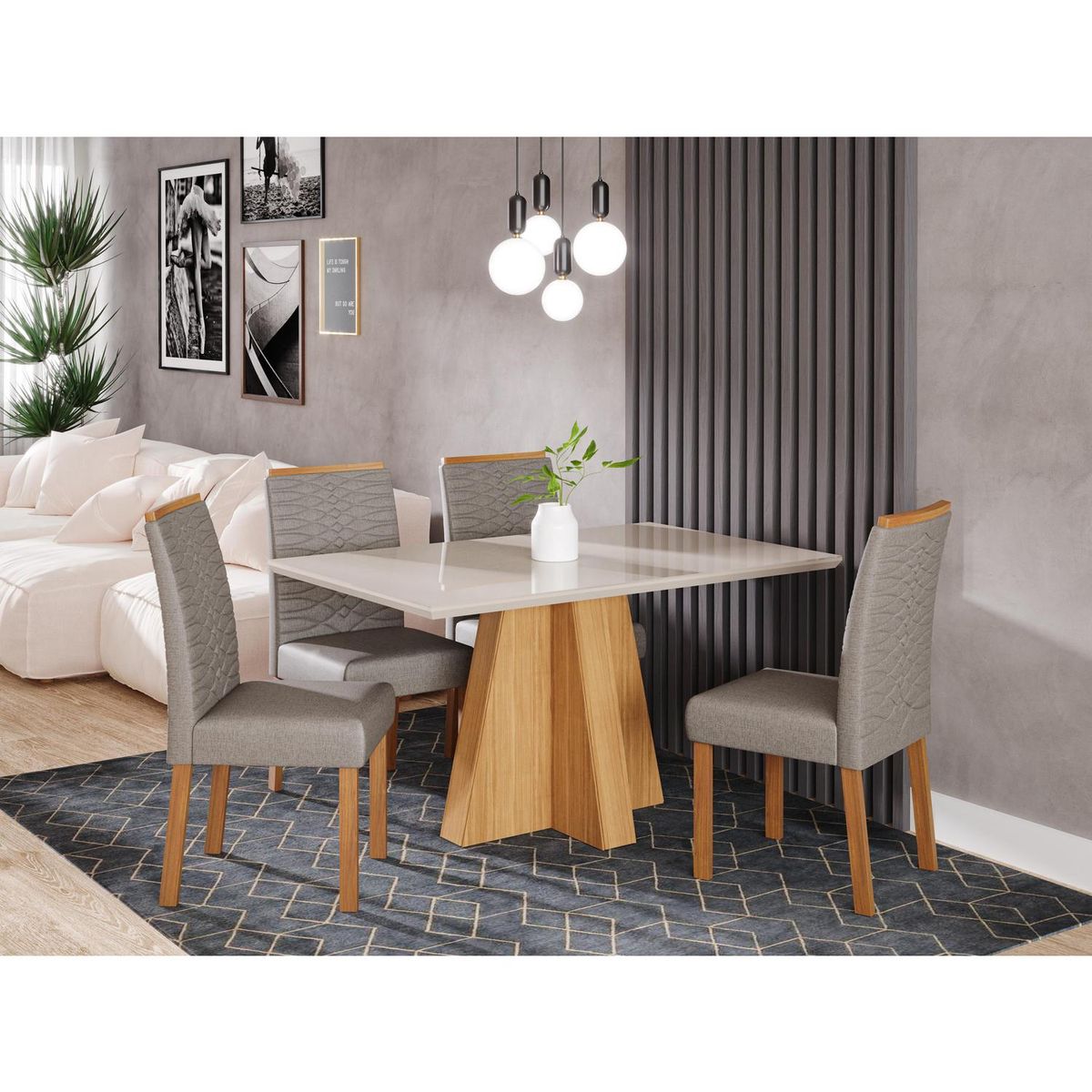 DECOCASA - Juego de Comedor Patri 4 Sillas Mesa Rectangular 80x76,5x130 cm Off White /Natural