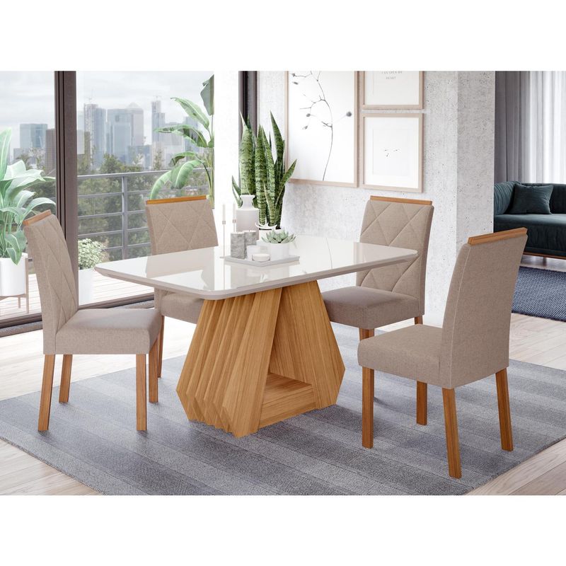 DECOCASA - Juego de Comedor Agata 4 Sillas Mesa Rectangular 80x77.5x130 cm Off White / Natural