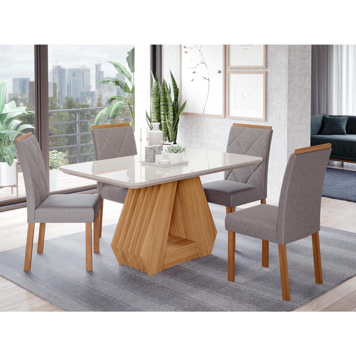 DECOCASA - Juego de Comedor Agata 4 Sillas Mesa Rectangular 80x77,5x130 cm Off White / Natural