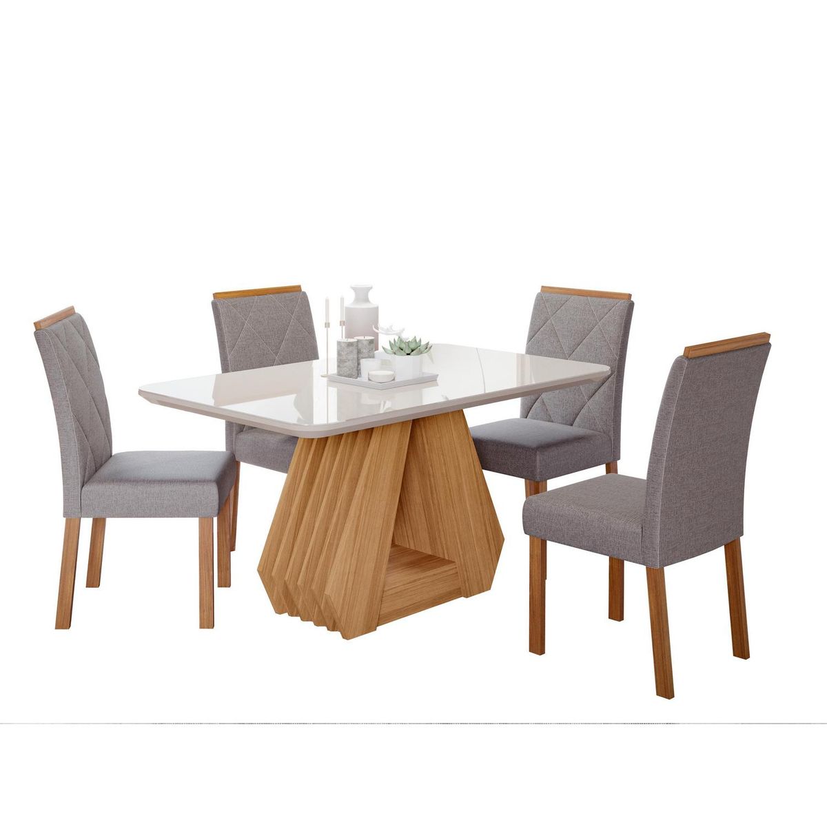 DECOCASA - Juego de Comedor Agata 4 Sillas Mesa Rectangular 80x77,5x130 cm Off White / Natural