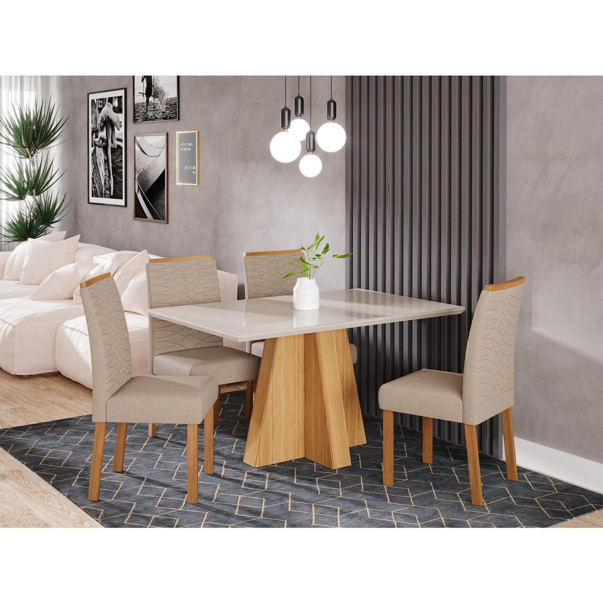 DECOCASA - Juego de Comedor Patri 4 Sillas Mesa Rectangular 80x76,5x130 cm Off White / Natural