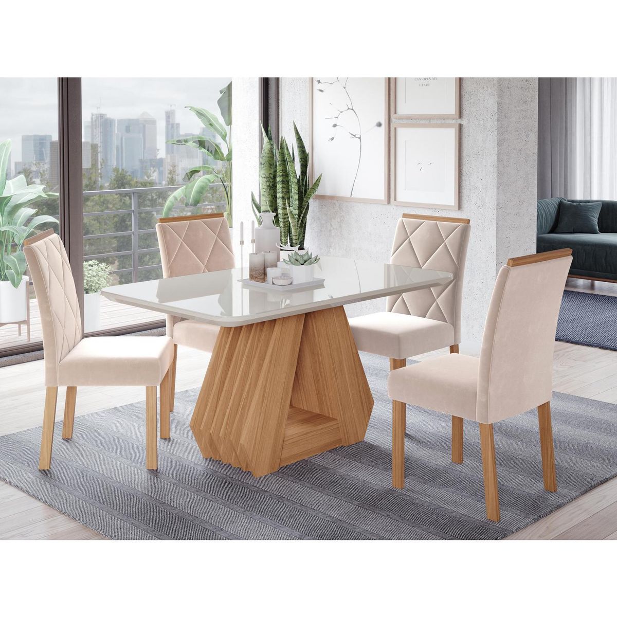 DECOCASA - Juego de Comedor Agata 4 Sillas Mesa Rectangular 80x77.5x130 cm Off White / Natural