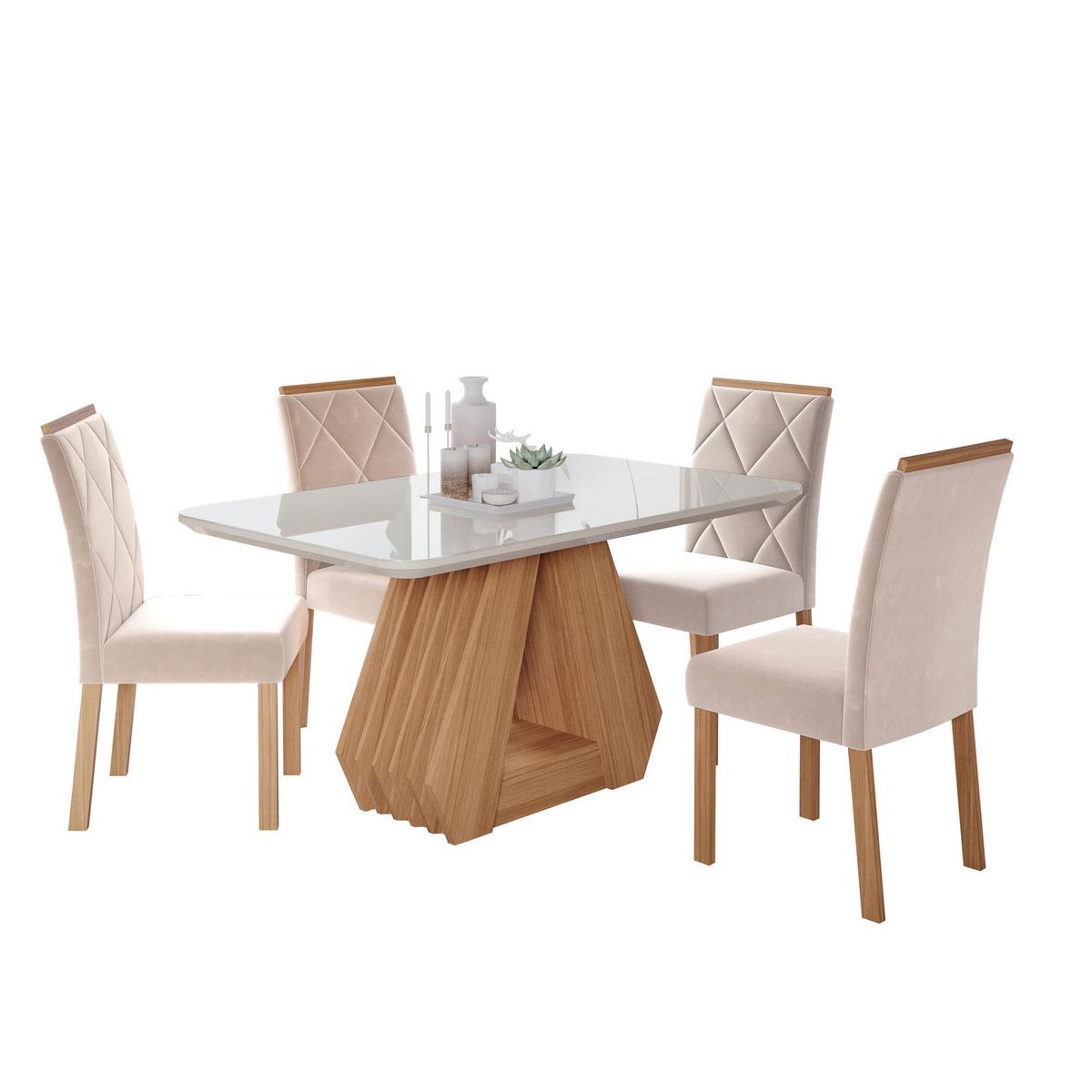 DECOCASA - Juego de Comedor Agata 4 Sillas Mesa Rectangular 80x77.5x130 cm Off White / Natural