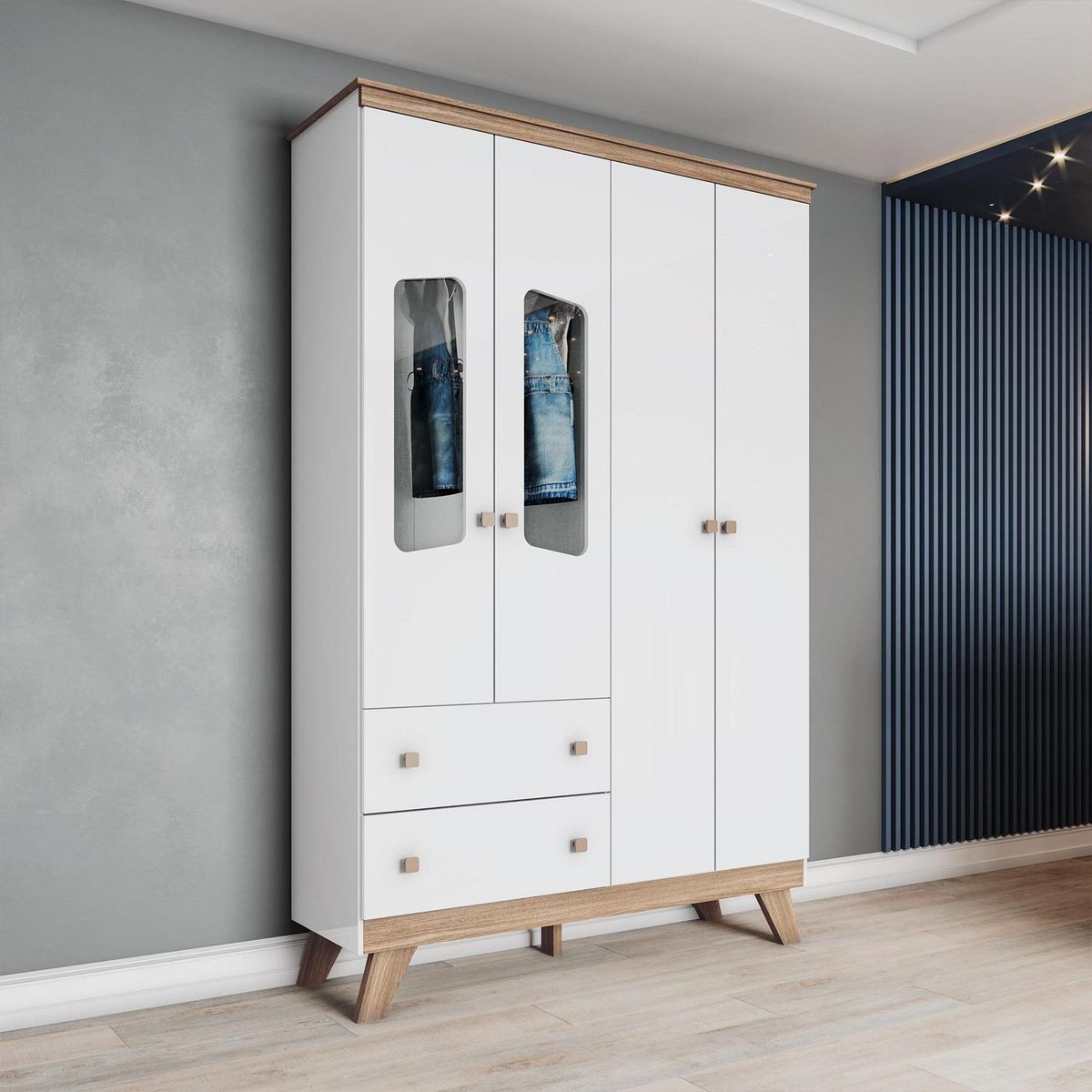 HOME MOBILI - Clóset Amberes 4 Puerta(s) 2 Cajón(es) 7 Repisa(s) 131x200x41 cm Blanco/Café