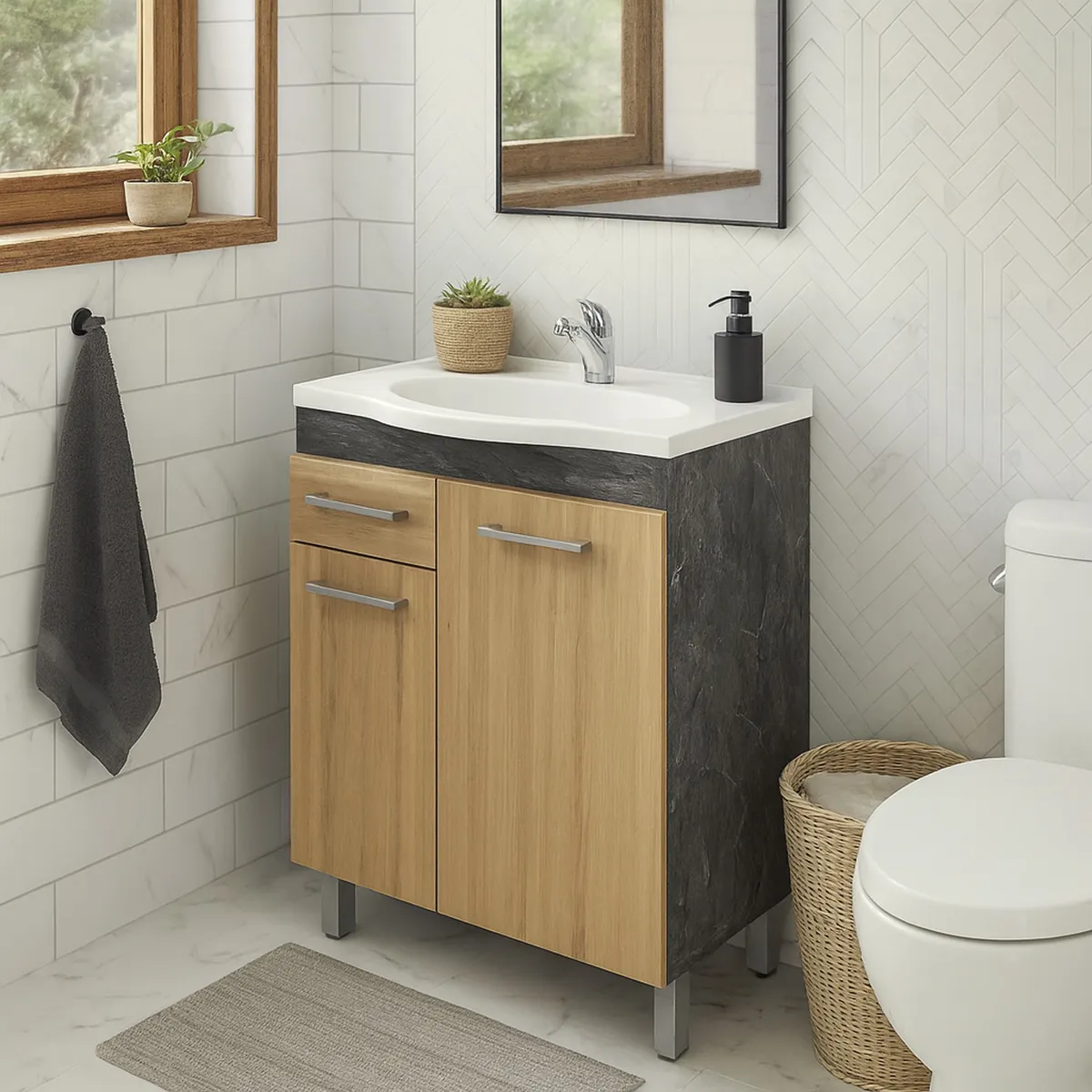 TECNOMOBILI - Mueble de Baño 2 Puertas 1 Cajón con Lavamanos BN3649.0002 MARMOL LUNAR-ALMENDRA 60x84.3x35 cm
