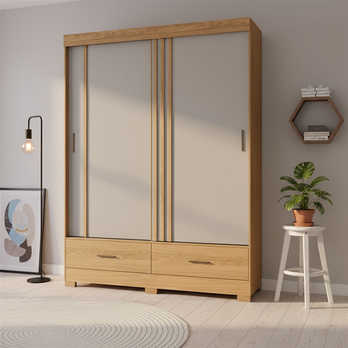 HOME MOBILI - Clóset Barbados 2 Puerta(s) 2 Cajón(es) 5 Repisa(s) 159x200x48 cm Gris/Blanco/Café