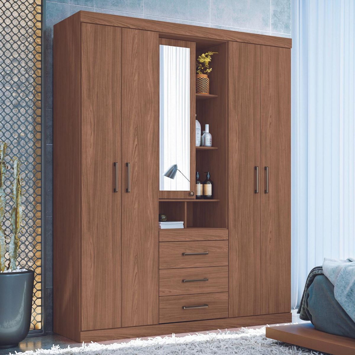 ONESSTA - Clóset con Espejo 5 Puerta(s) 3 Cajón(es) 9 Repisa(s) 159.3x200x46.3 cm Café