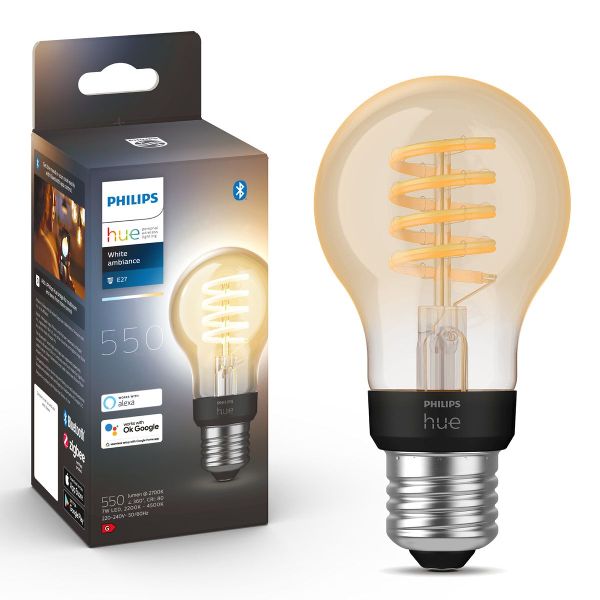 PHILIPS HUE - Ampolleta Inteligente Hue Ambiance Filamento Bulbo 7 W E27 550 lm Luz Cálida o fría