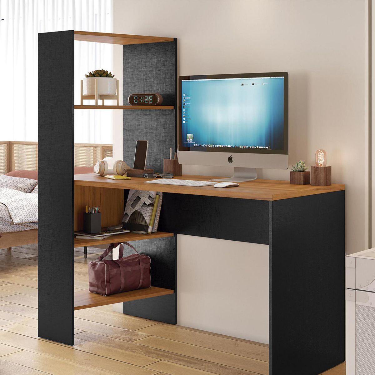 HOME MOBILI - Escritorio Nantes Negro/Café 60x14x127 cm