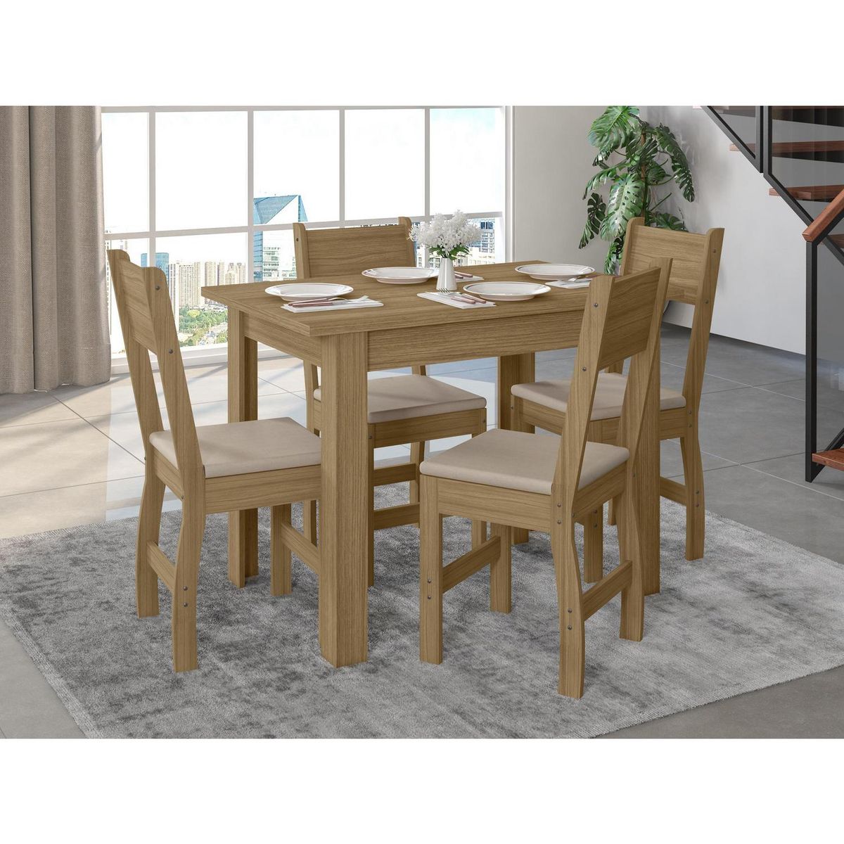 HOME MOBILI - Juego de Comedor Bellano 4 Sillas Mesa Rectangular 80x68x108 cm Café