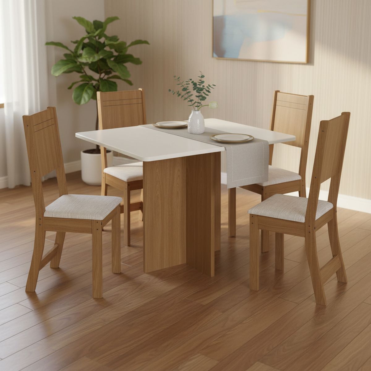 HOME MOBILI - Juego de Comedor Mónaco 4 Sillas Mesa Rectangular 90x80x110 cm Blanco