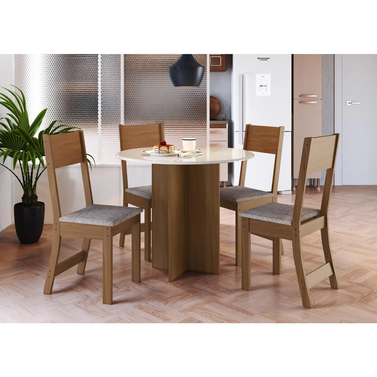 HOME MOBILI - Juego de Comedor Alice 4 Sillas Mesa Redonda 90x78x90 cm Blanco/Café