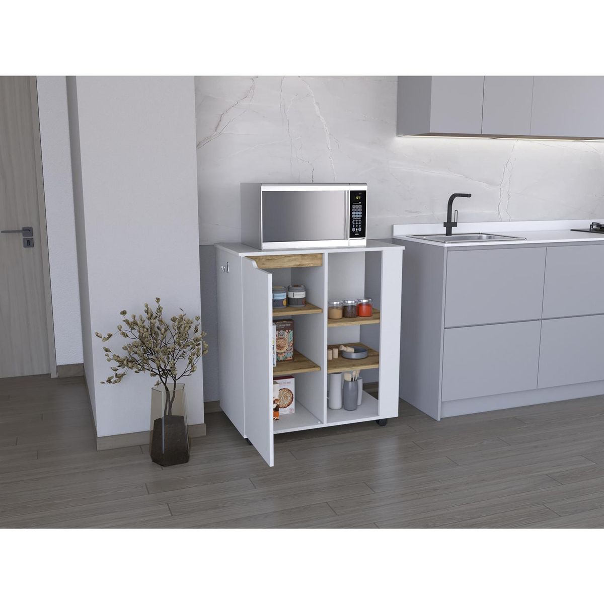 TUHOME - Mueble Microondas Soler 1 Puerta 4R Blanco Macadamia