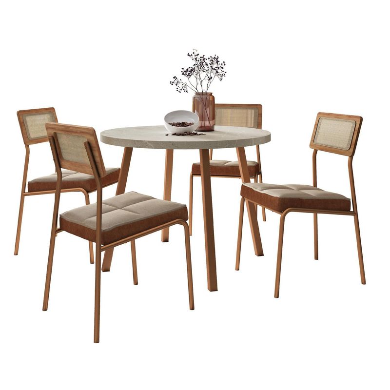 ROCA - Juego de Comedor Atlanta 4 Sillas Mesa Redonda 90x77,3x90 cm Canela/Avellana