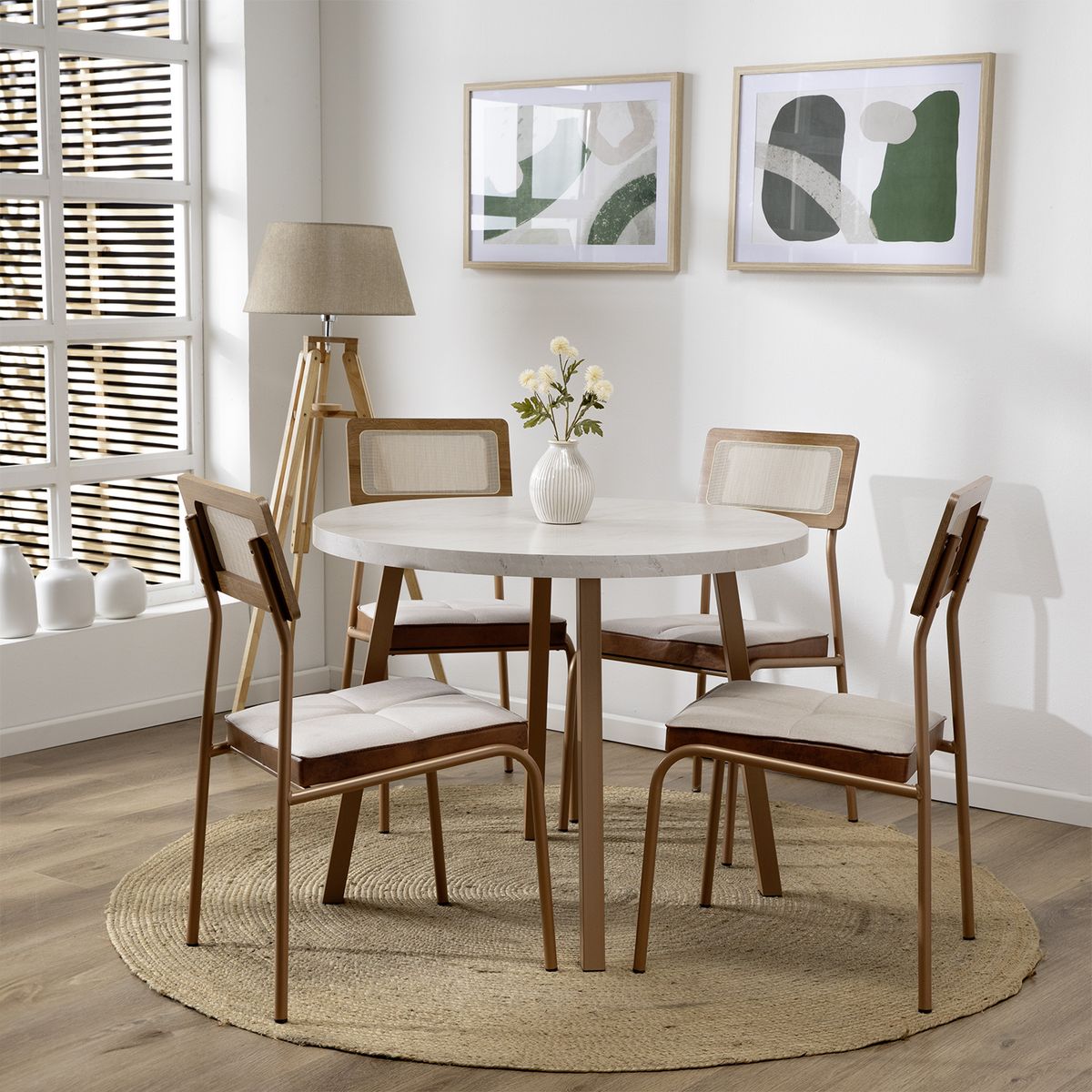 ROCA - Juego de Comedor Atlanta 4 Sillas Mesa Redonda 90x77,3x90 cm Canela/Avellana