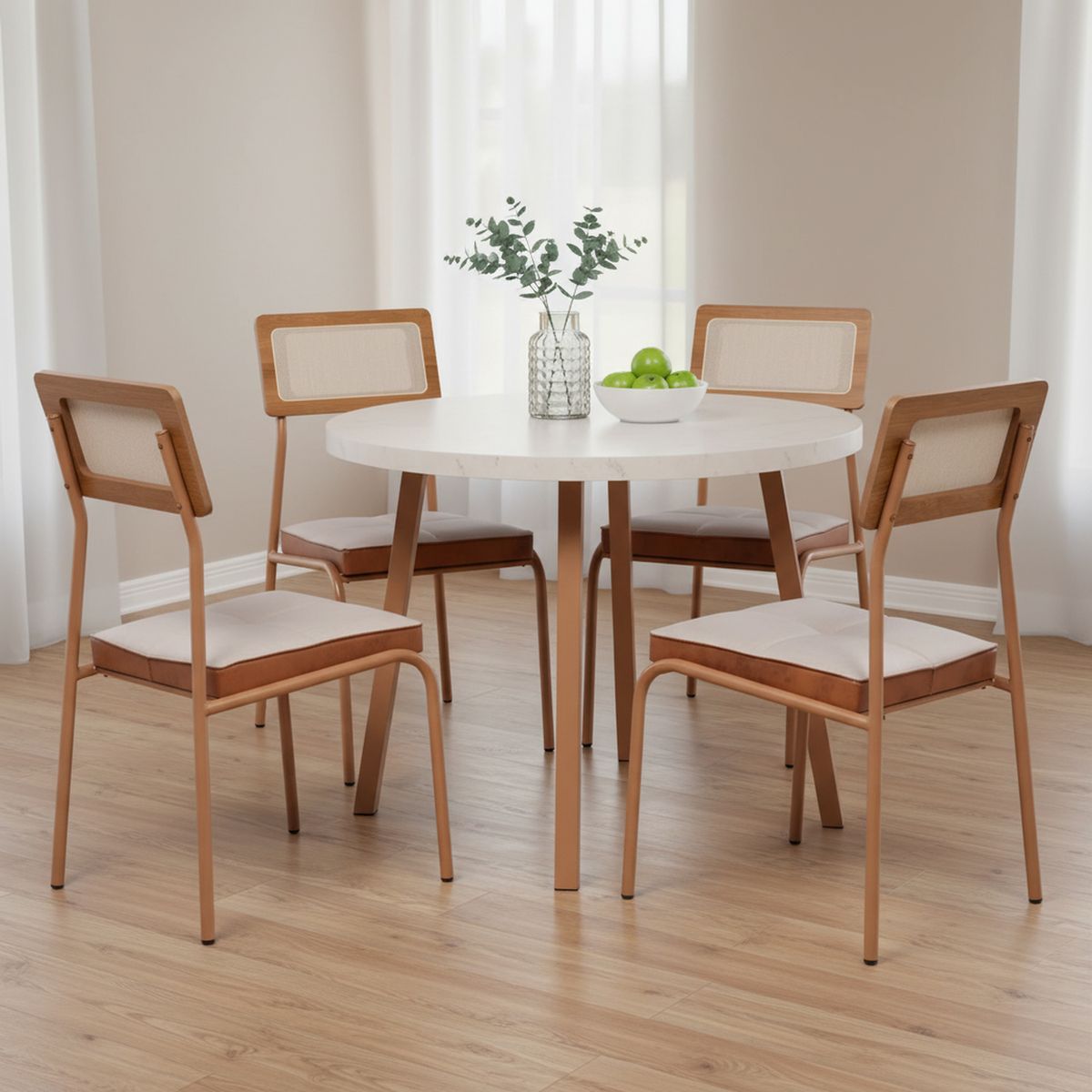 ROCA - Juego de Comedor Atlanta 4 Sillas Mesa Redonda 90x77,3x90 cm Café