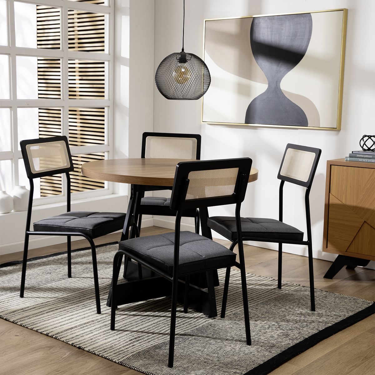 ROCA - Juego de Comedor Capitolio 4 Sillas Mesa Redonda 90x77,3x90 cm Canela/Negro