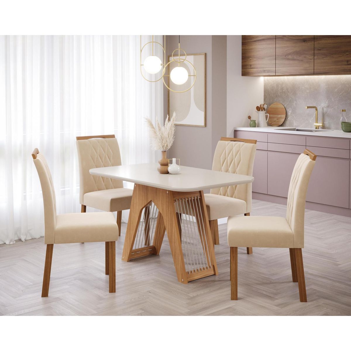 DECOCASA - Juego de Comedor Caro 4 Sillas Mesa Rectangular 80x80x130 cm Off White/ Natural