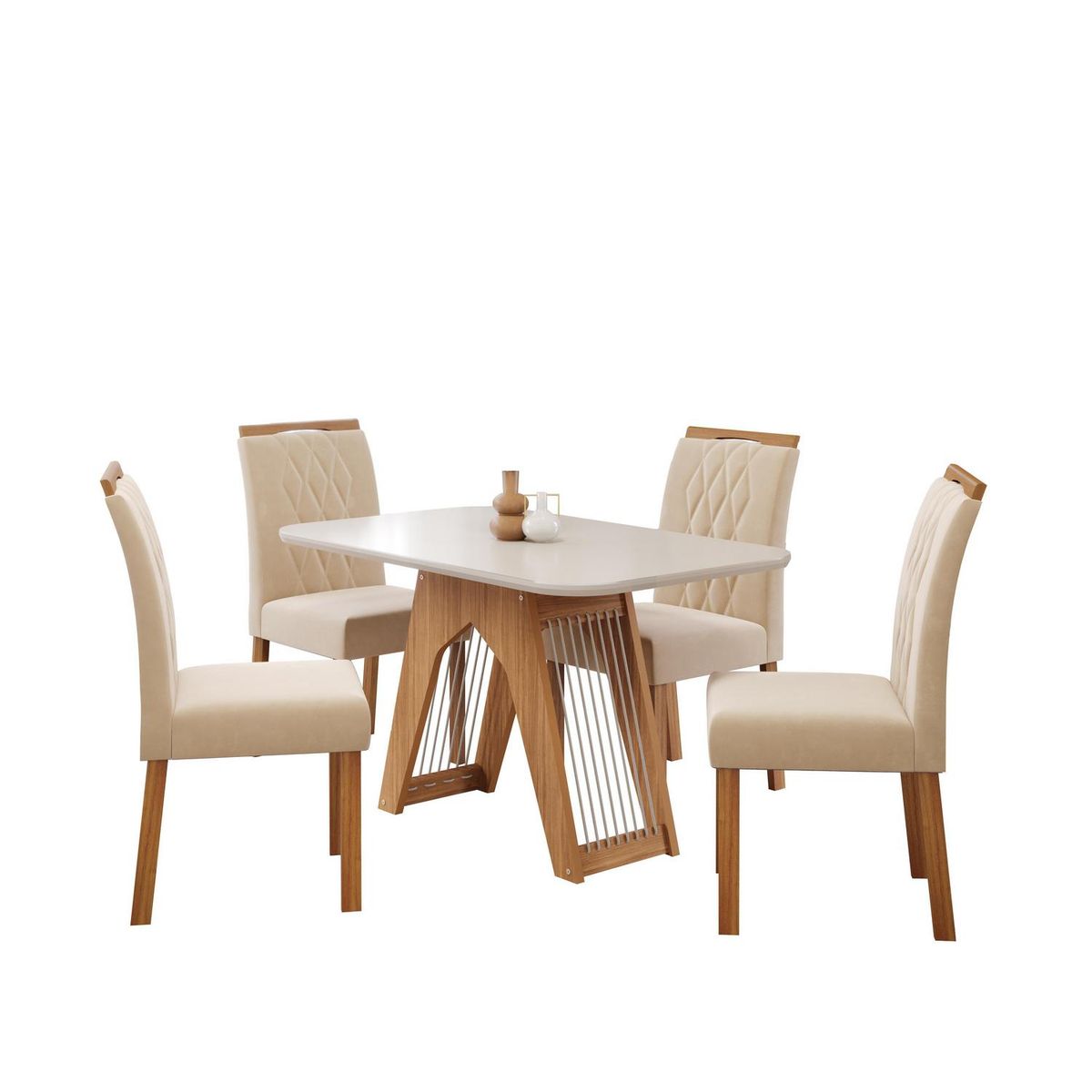 DECOCASA - Juego de Comedor Caro 4 Sillas Mesa Rectangular 80x80x130 cm Off White/ Natural