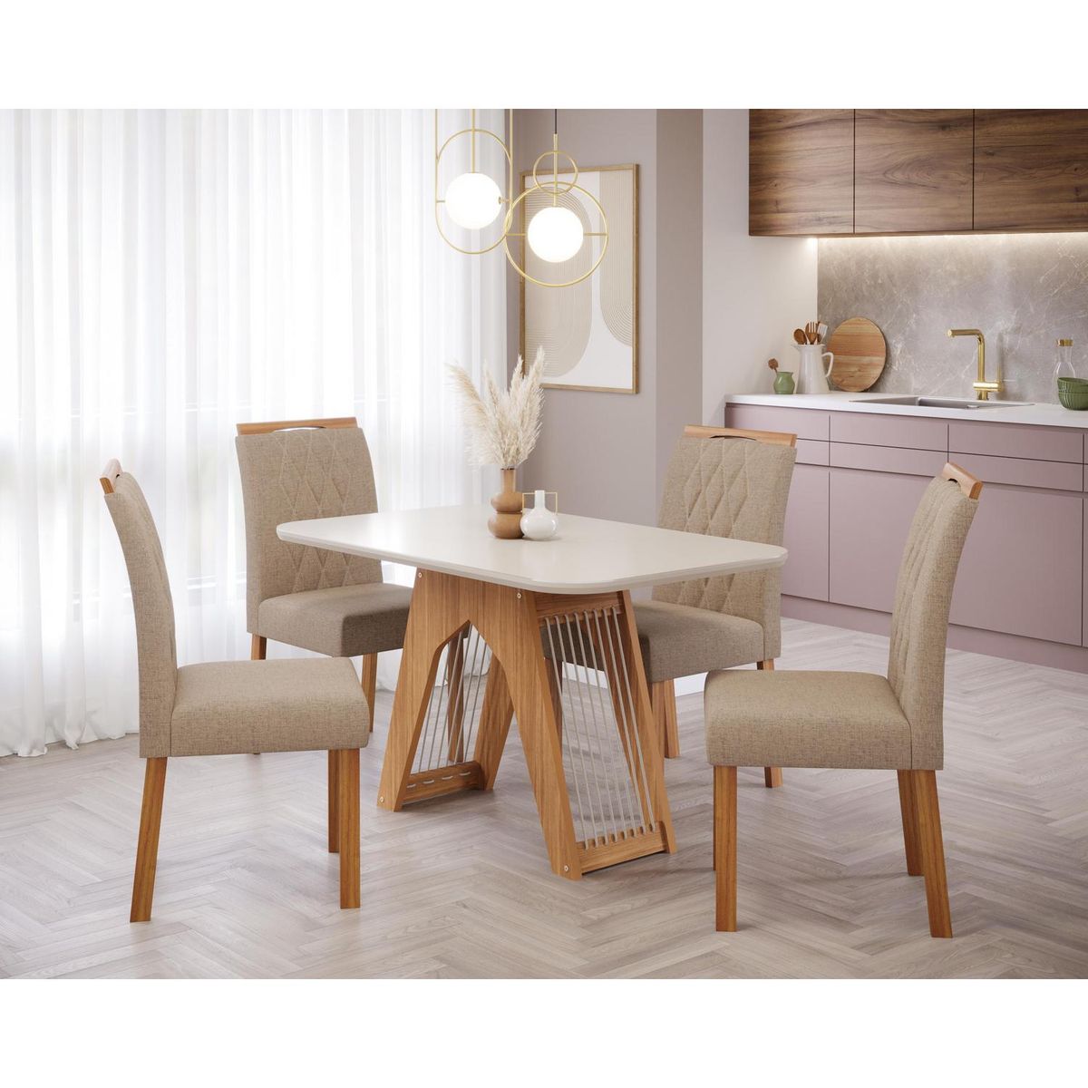 DECOCASA - Juego de Comedor Caro 4 Sillas Mesa Rectangular 80x80x130 cm Off White