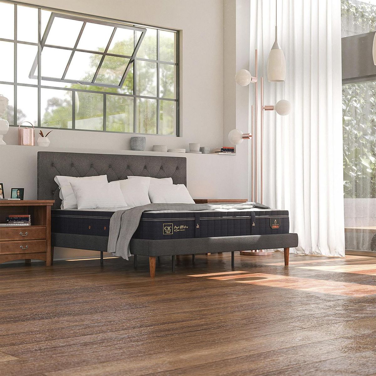 CIC - Cama Europea super premium 2p bd Respaldo Munich olivo