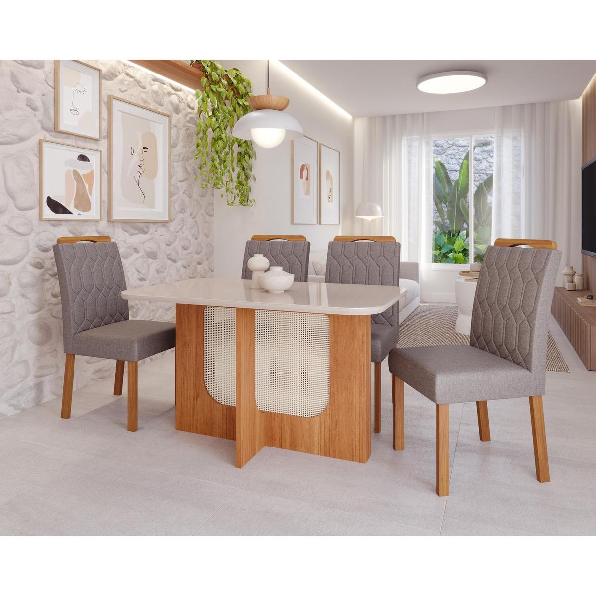 DECOCASA - Juego de Comedor Louis 4 Sillas Mesa Rectangular 80x76x130 cm Off White Natural