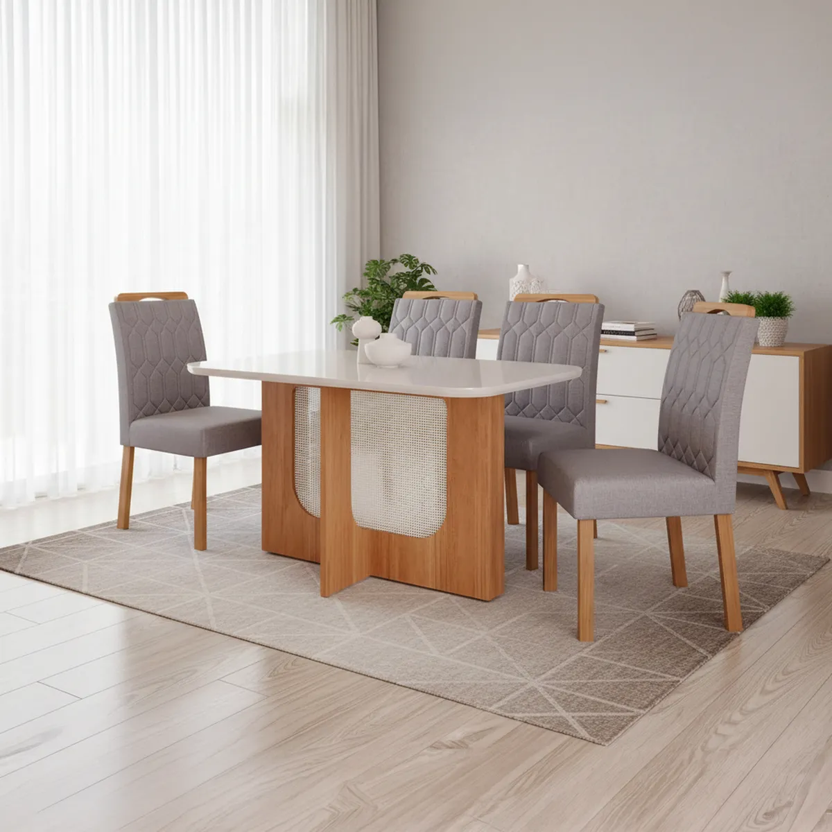 DECOCASA - Juego de Comedor Louis 4 Sillas Mesa Rectangular 80x76x130 cm Off White Natural