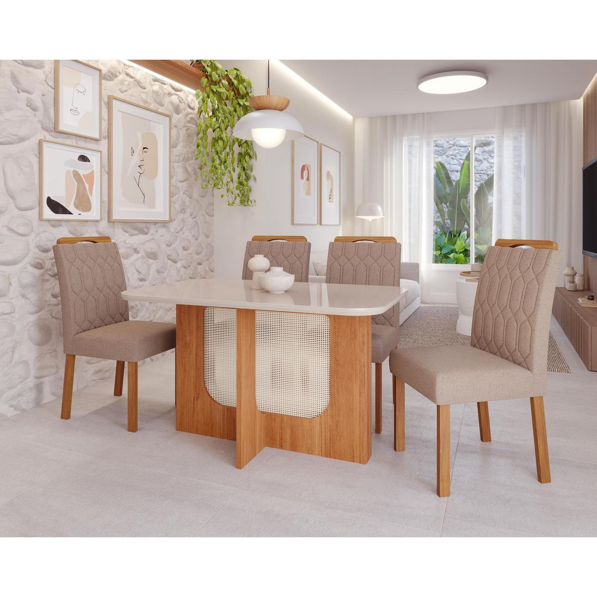 DECOCASA - Juego de Comedor Louis 4 Sillas Mesa Rectangular 80x76x130 cm Off White Natural