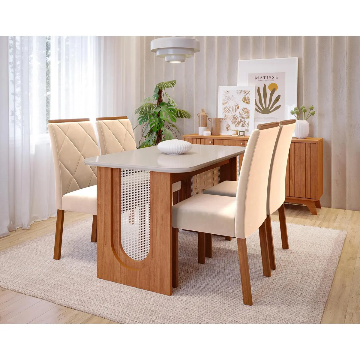 DECOCASA - Juego de Comedor Vale 4 Sillas Mesa Rectangular 80x76x130 cm Off White Castaño