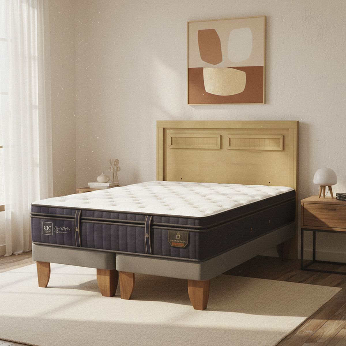 CIC - Cama Europea Grand Premium 2P Bd Respaldo Milan Mostaza