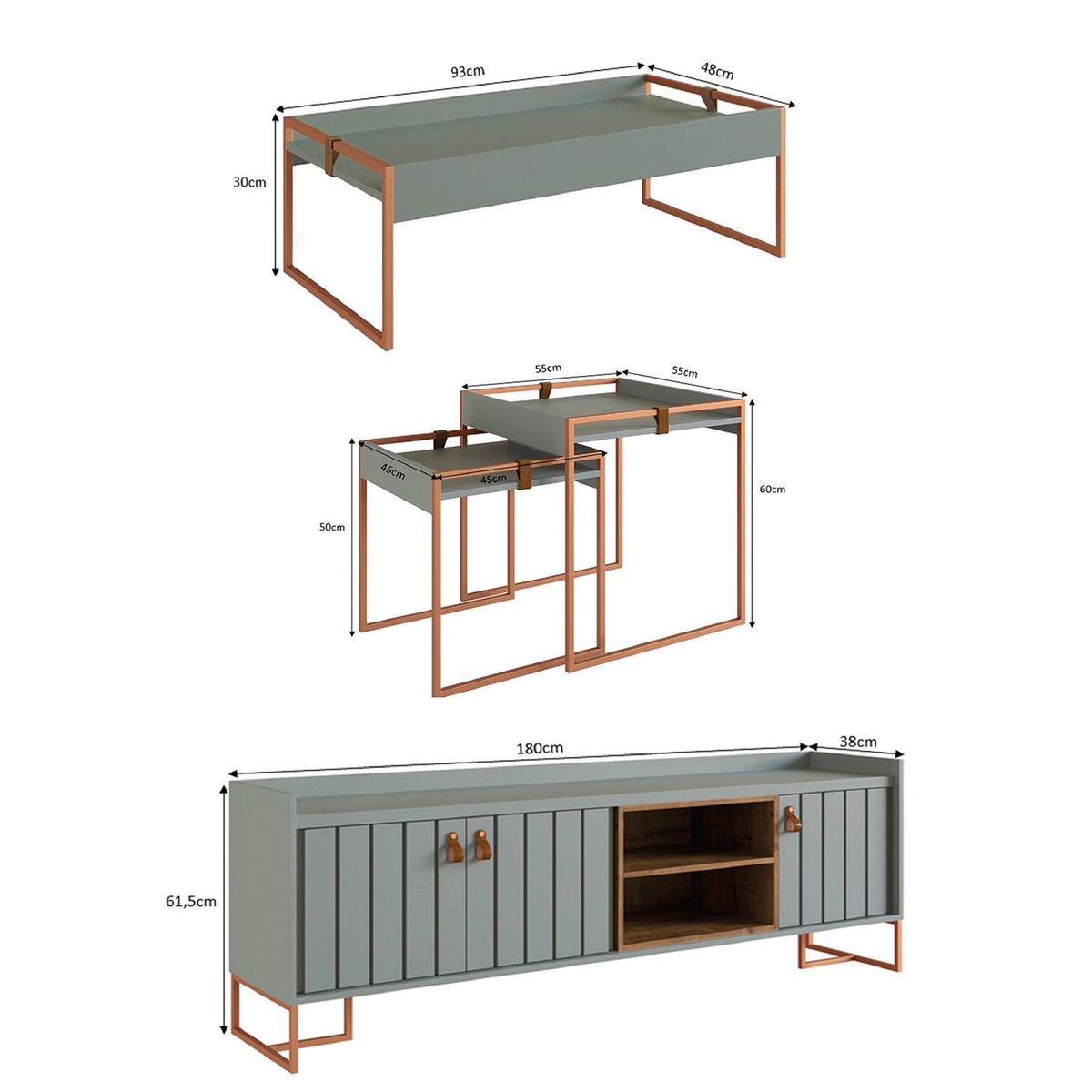 AMUV - Set Mesa de Centro + Muebles Rack + 2 Mesas Laterales