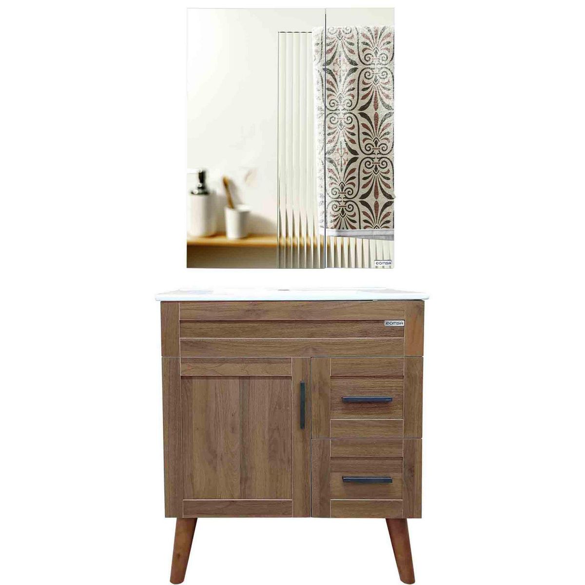DOMSA - Kit Mueble Vanitorio Con Botiquín Nogal 70x80x47 cm