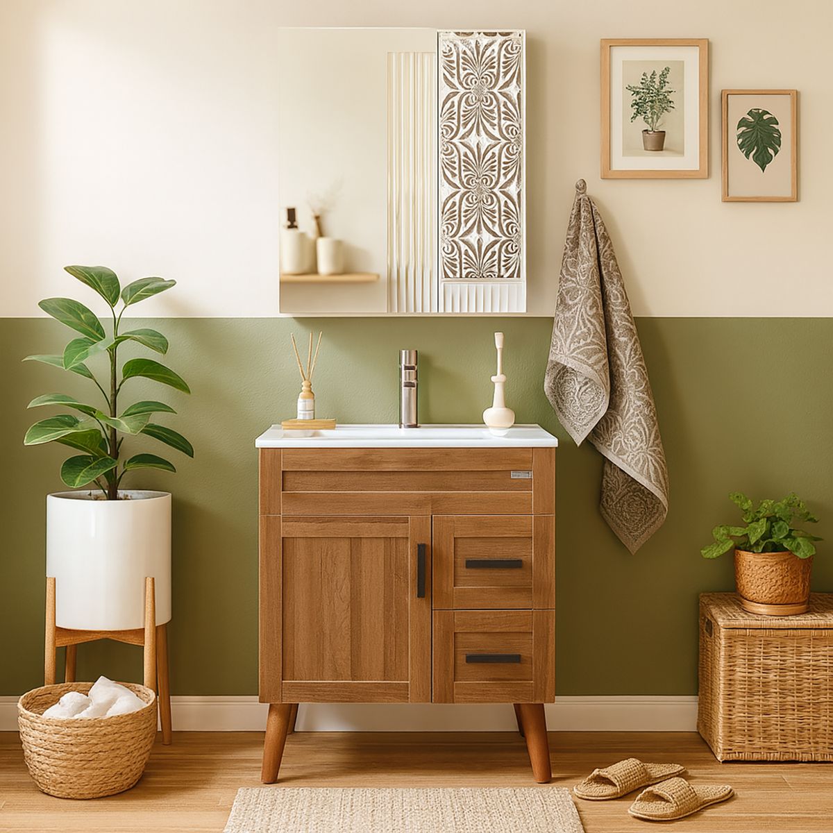 DOMSA - Kit Mueble Vanitorio Con Botiquín Nogal 70x80x47 cm