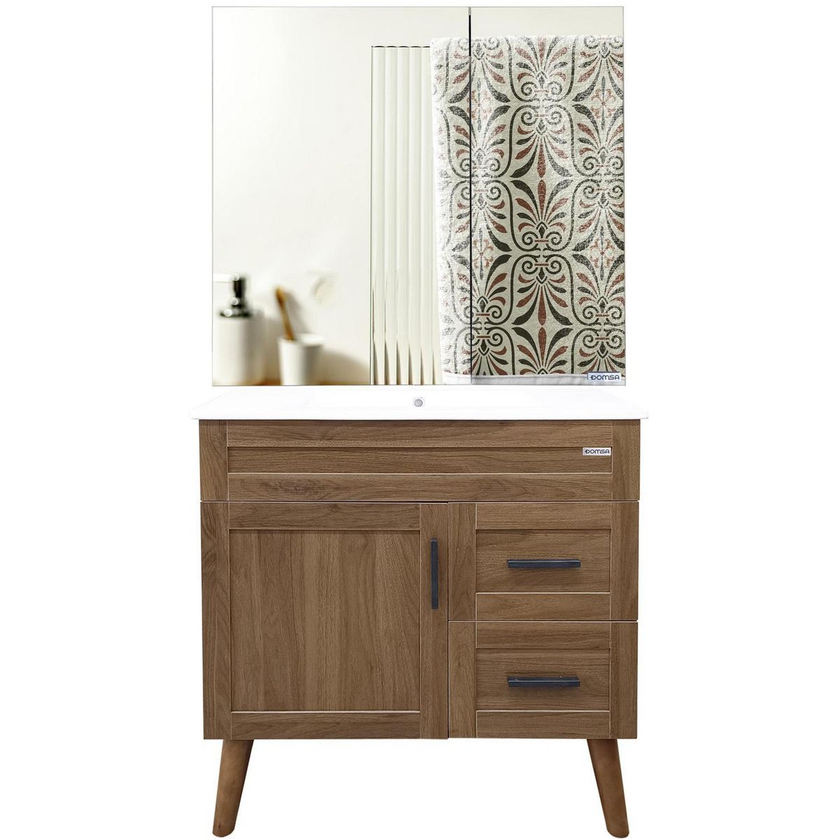 DOMSA - Kit Mueble Vanitorio Con Botiquín Nogal 80x80x47 cm