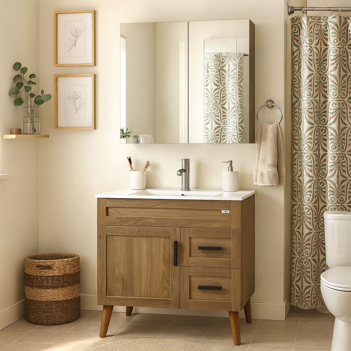 DOMSA - Kit Mueble Vanitorio Con Botiquín Nogal 80x80x47 cm