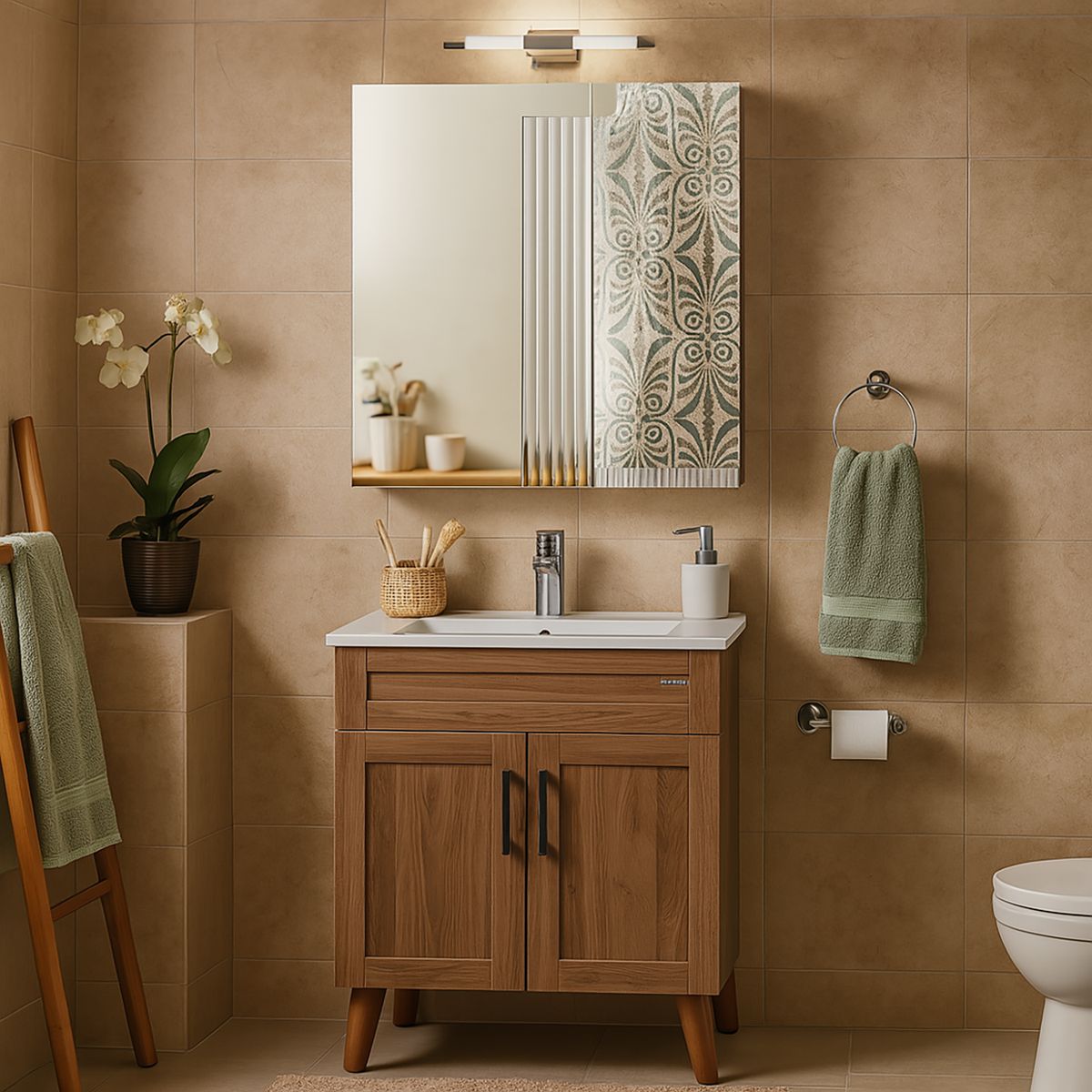 DOMSA - Kit Mueble Vanitorio Con Botiquín Nogal 60x80x40 cm