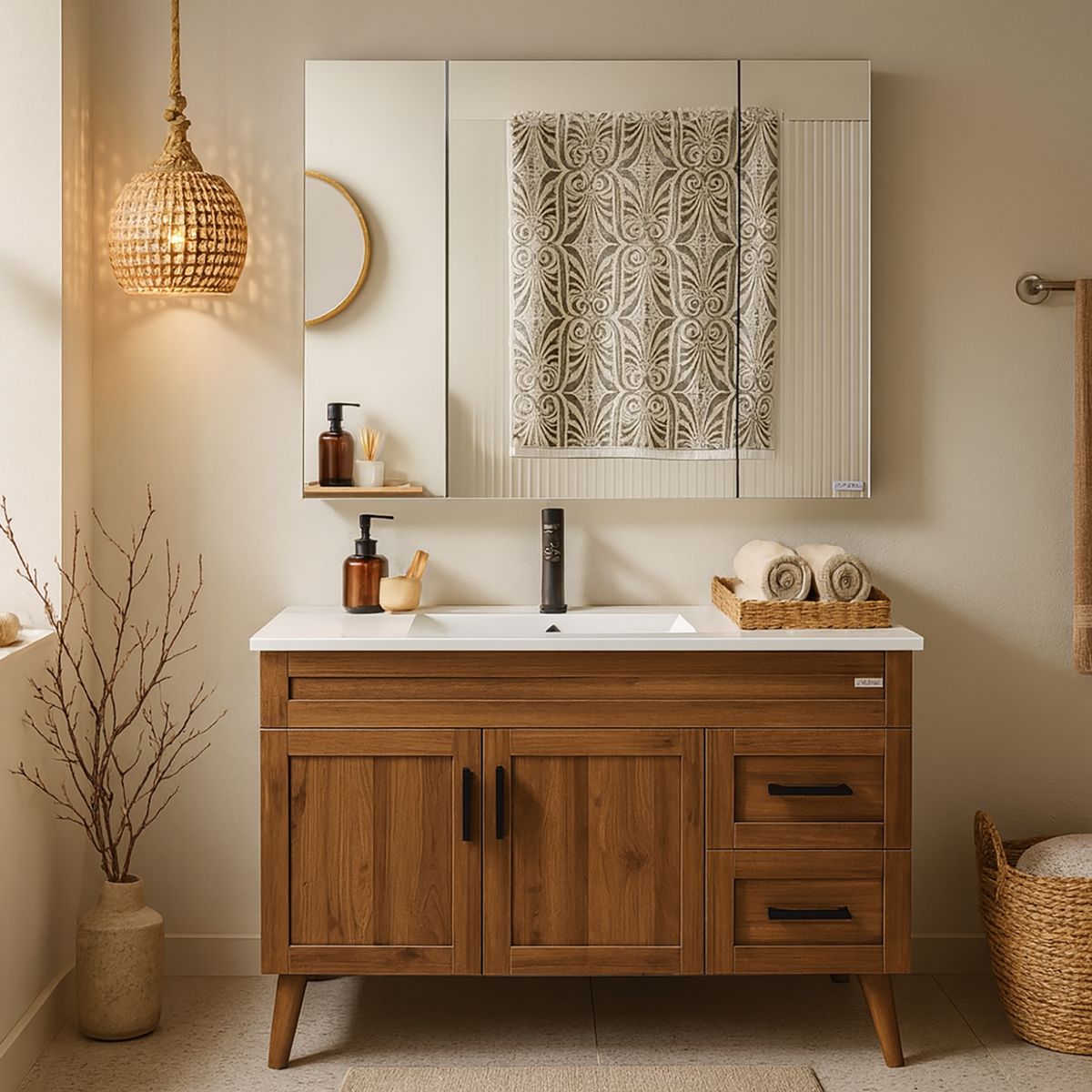 DOMSA - Kit Mueble Vanitorio Con Botiquín Nogal 120x80x47 cm