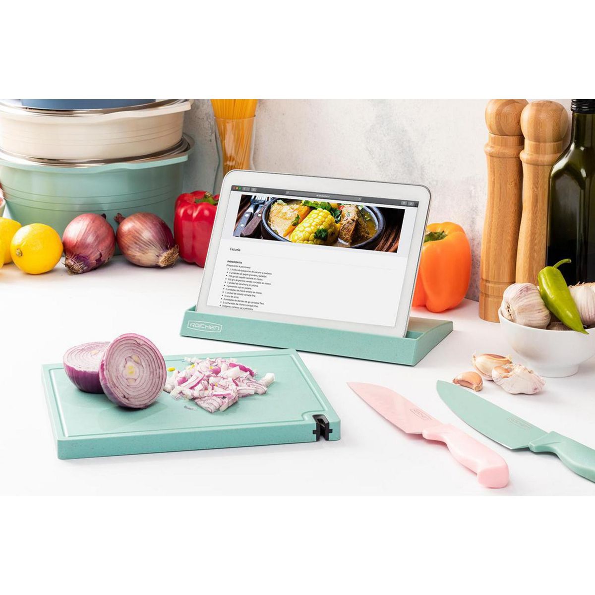 ROICHEN - Tabla para Cortar con Afilador de Plástico 13.3x26.8 cm Celeste