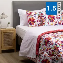 ARTHOME - Combo Plumón México Reversible Rojo 1.5 Plazas + Sábana