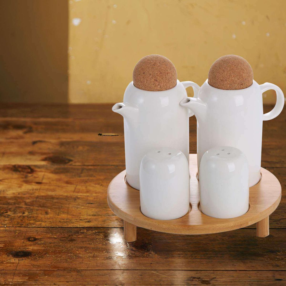 SOHOGAR - Alcuza de Cerámica 4 Piezas con Tapa de Corcho/Atril de madera