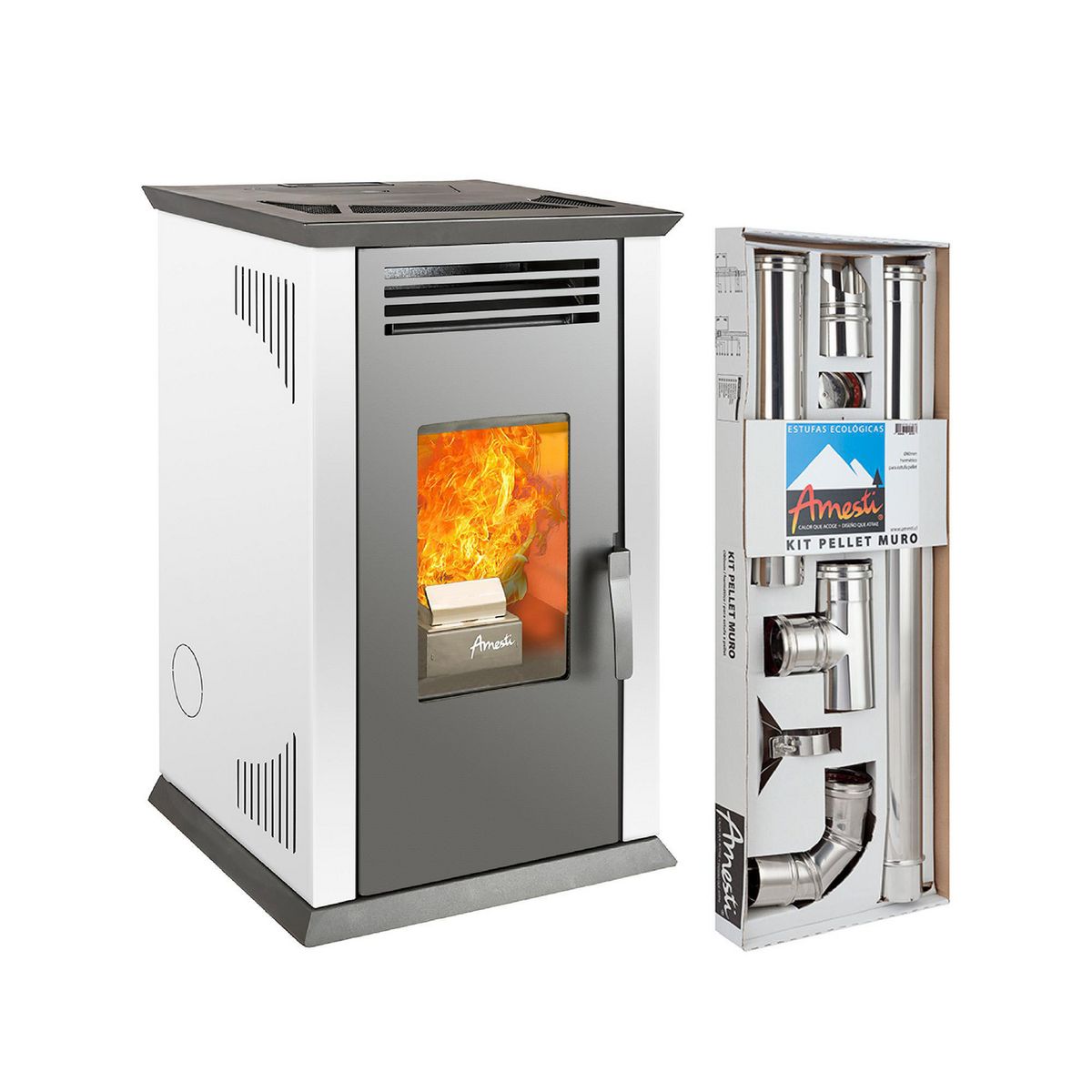 AMESTI - Estufa a Pellet Italy 8100 Blanca + Kit de Instalación Muro