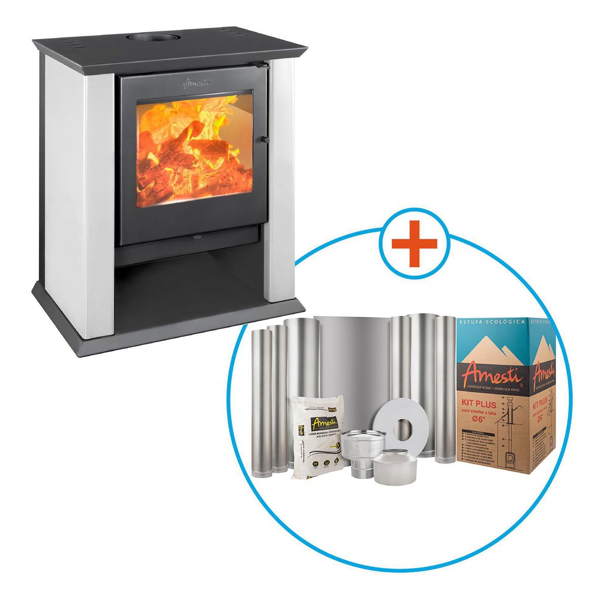 AMESTI - Estufa a Leña Classic 500 Blanca + Kit de Instalación 6"