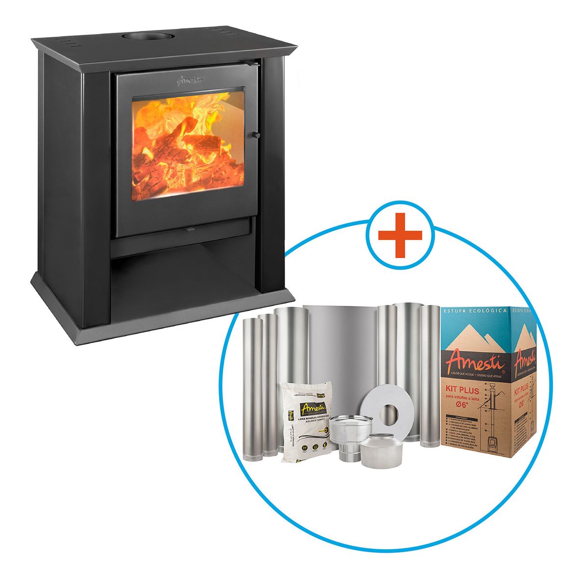 AMESTI - Estufa Leña Classic 500 Negra + Kit Instalación 6" Negro