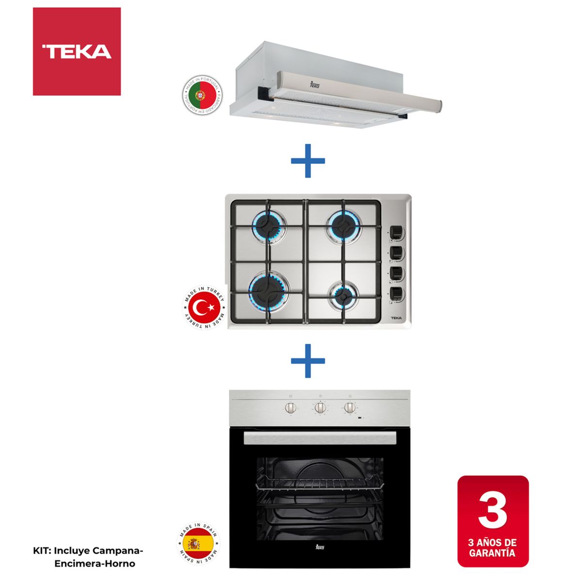 TEKA - Combo Horno 50+Encimera a Gas 4P+campana extraible inoxidable