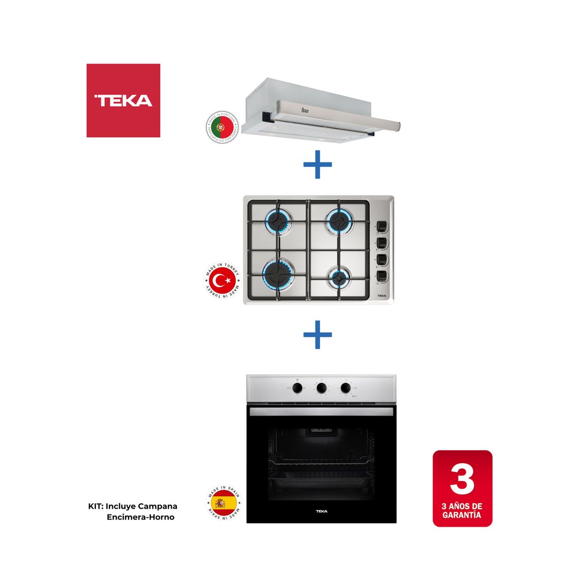 TEKA - Combo Horno 60+Encimera a Gas 4P+campana extraible inoxidable