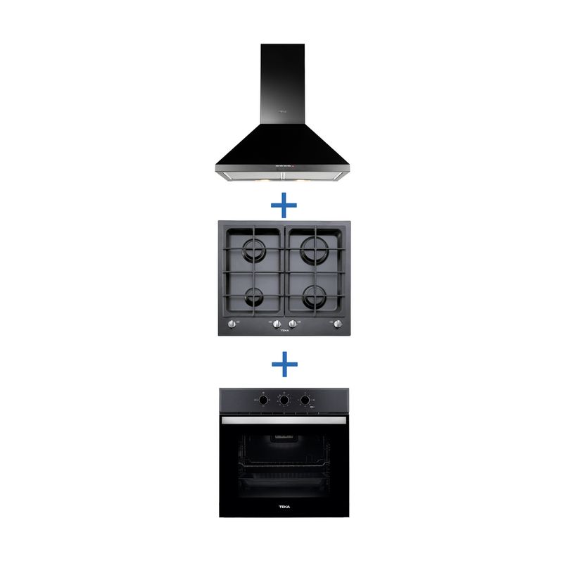 TEKA - Combo Horno Electrico+Encimera Gas 4P+Campana Decorativa 60 Negra